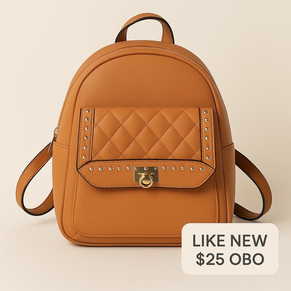 Tan Quilted Faux Leather Mini Backpack w/ Gold Studs